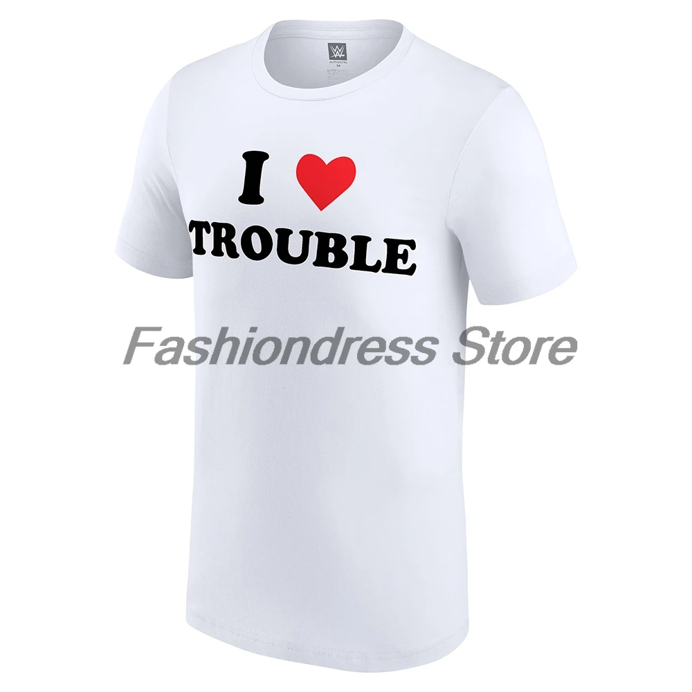 Men's White Liv Morgan I Love Trouble T-shirt Crewneck Short Sleeve Polyester Tee Women Outdoor Streetwear Tops