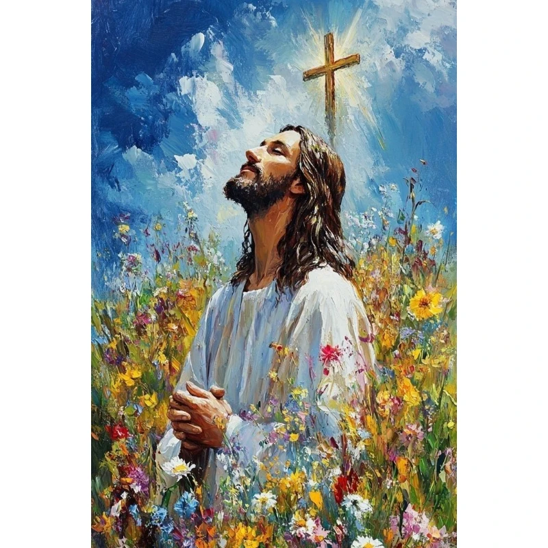 DIY Religious Faith Diamond Painting, Praying Figure Wildflower Field Art For Living Room Wall Decoration Handmade Gift