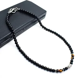 Natural Tiger Eye Stone Black Beads Choker Necklace for Men Stainless Steel Bead Hip Hop Neck Chain Men Jewelry Accessoriees New