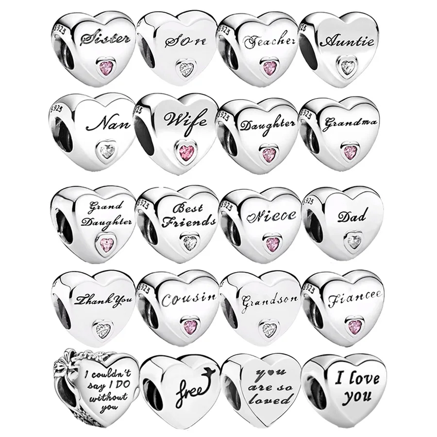 

Silver Plated Style Heart Charms, Family Relationship Engraved Beads (Sister/Wife/Dad/Grandma) DIY Bracelet Jewelry Making Gift