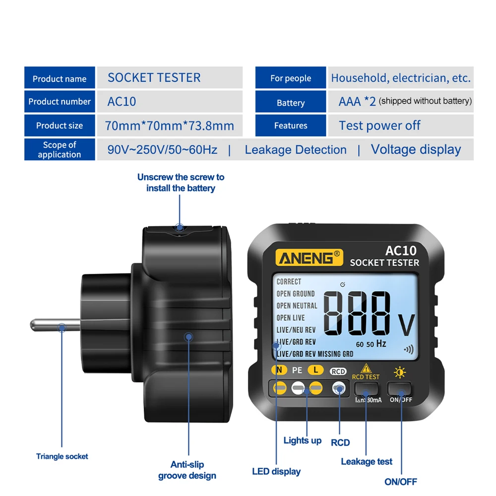 AC10 Socket Tester Plug Detector Zero Line Plug Polarity Phase Check Phase Detector US/EU Plug Multimeter Digital Tester