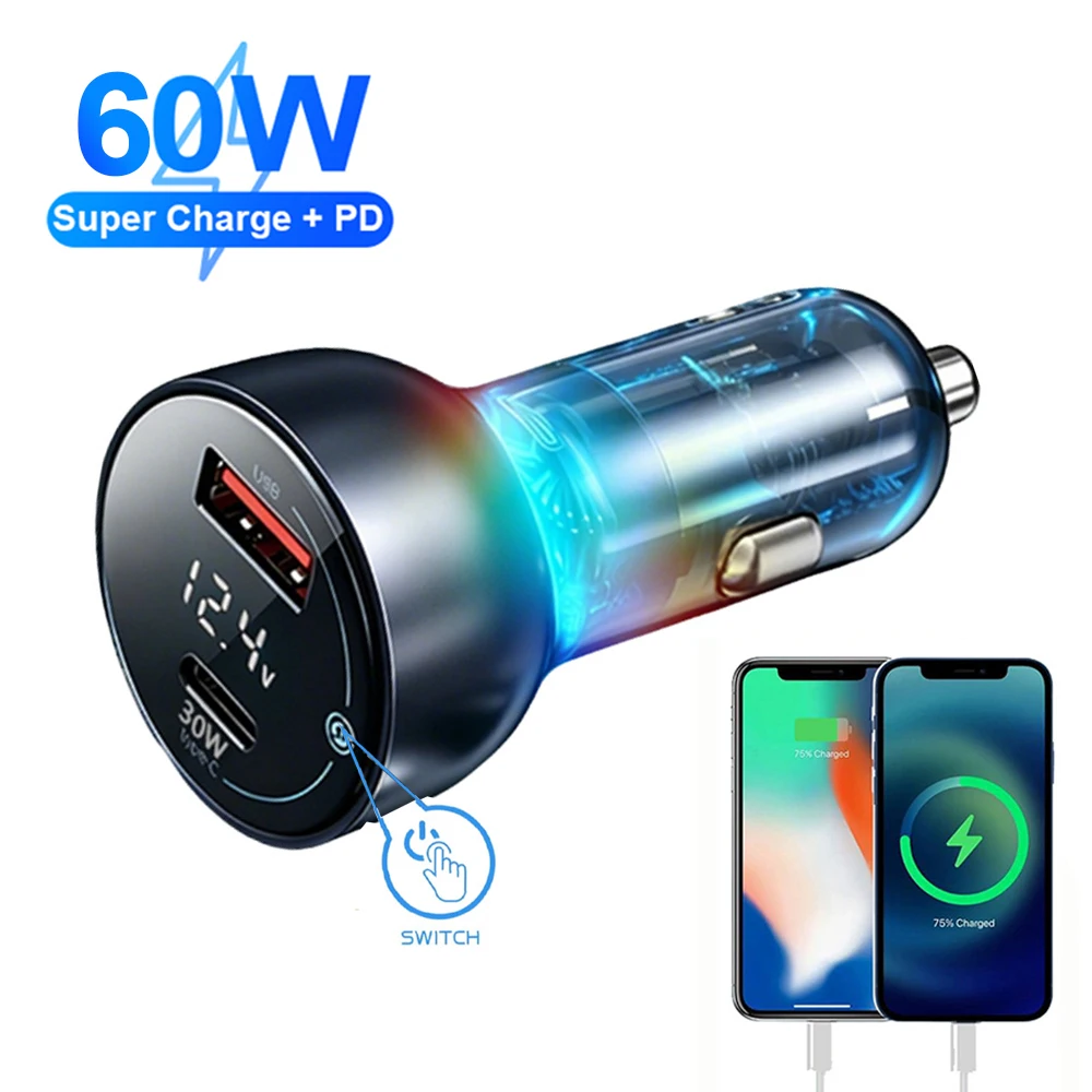 

Автомобильное зарядное устройство 60W PD+QC3.0 с двумя портами Type-C USB, быстрой зарядкой, вольтметром, выключателем и RGB-подсветкой