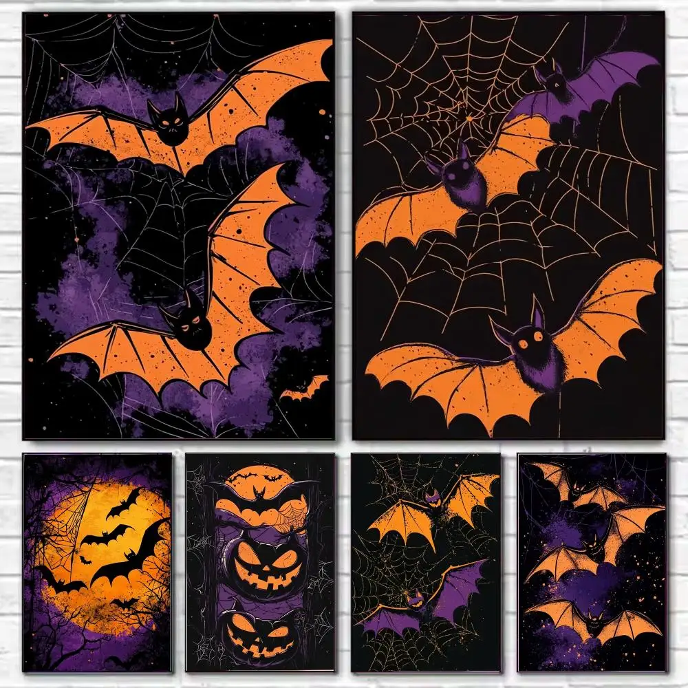 Halloween Bat and Jack O lantern Poster Stylish Wall Art for Living Room Bedroom Study Home Decor Gift