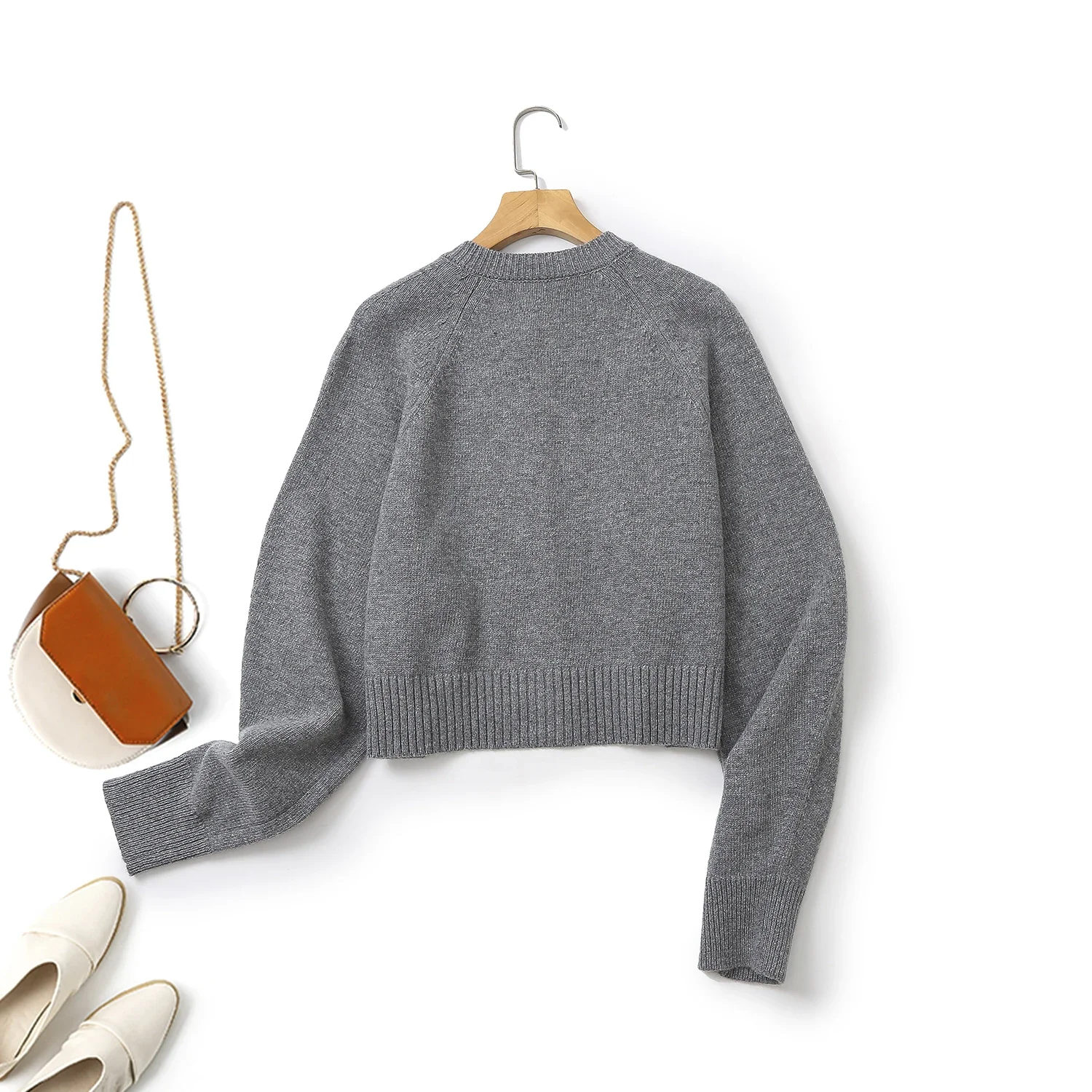 Ethereal MD 2026 YAZHIMEI spring new style of Women\'s casual standard short round neck cardigan gray long sleeves
