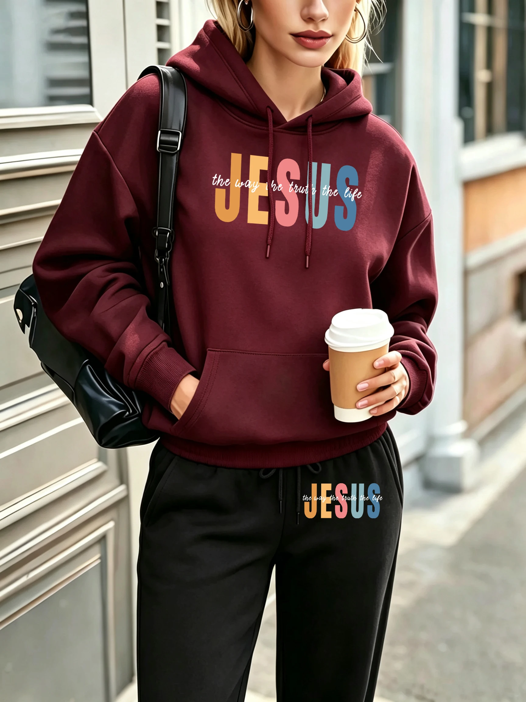 Conjunto de sudaderas con capucha para mujer, estilo Y2K, con estampado creativo de letras de Jesús, holgadas, con bolsillo, ropa deportiva informal de forro polar, pantalones de chándal de otoño