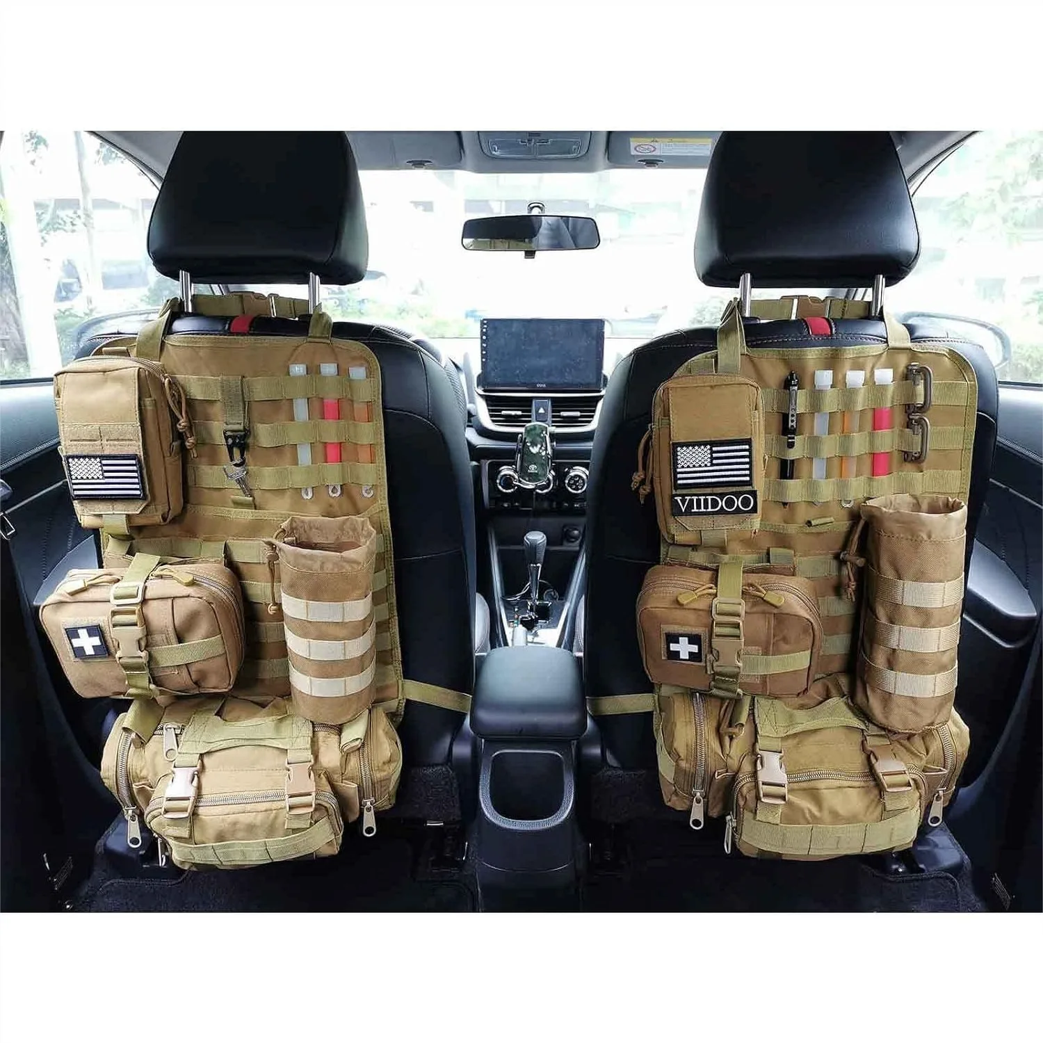 

Molle Tactical Seat Back Organizer Panel with Pouches, Universal Fit for Vehicle Car, Khaki - Heavy Duty 1000D Nylon Storage