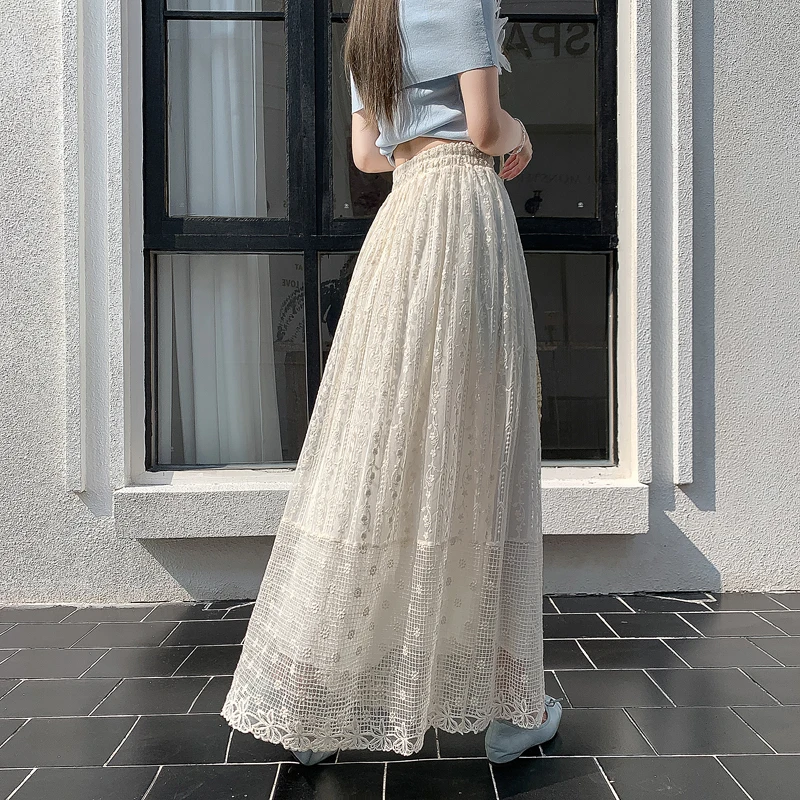 Elegant High Waist A-Line Skirt with Heavy Embroidery Lace And Pleats Long Women's Fashion Polyester Fiber Glimmering Skirts