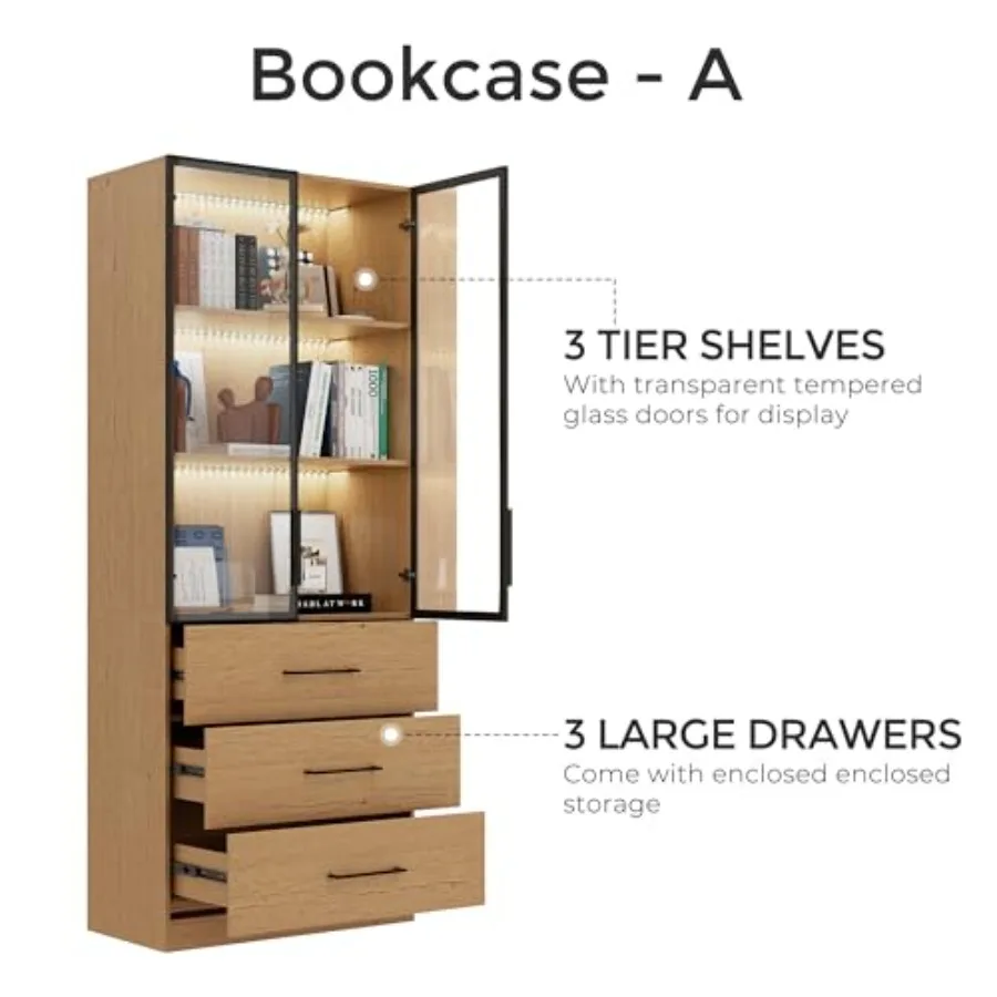 78.7" H Tall Bookcase Display Cabinet with LED Light, Natural view 5