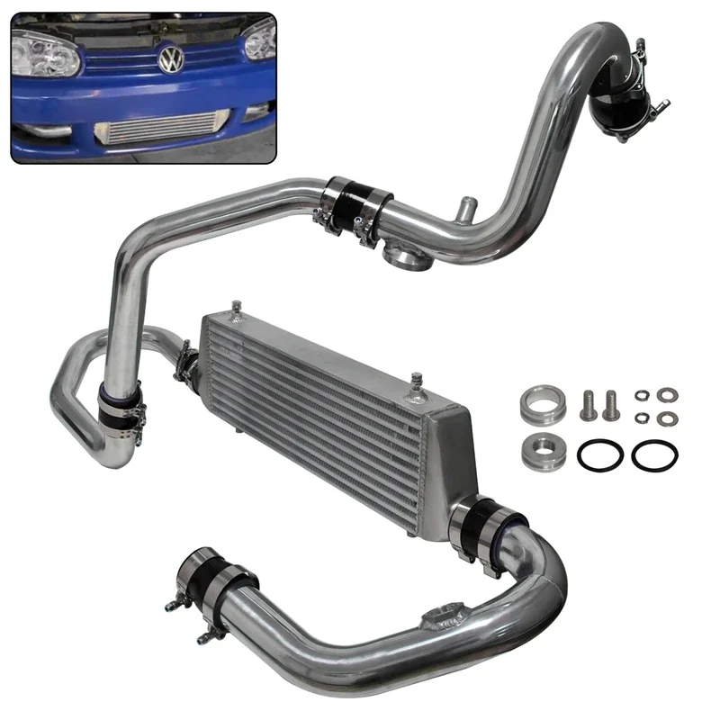 Intercooler Front Mount & Pipe Kit Fits for VW Golf GTI Jetta MK4 1.8L Turbocharged 1998-2005 Polished Aluminum