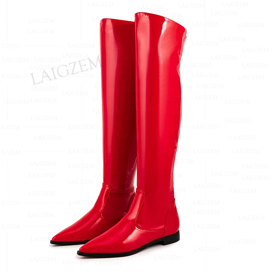 BERZIMER Women Over Knee High Boots Shiny Pointed Toe Pull On Low Heels Tall Boots Handmade Shoes Woman Big Size 36 41 43 44 45