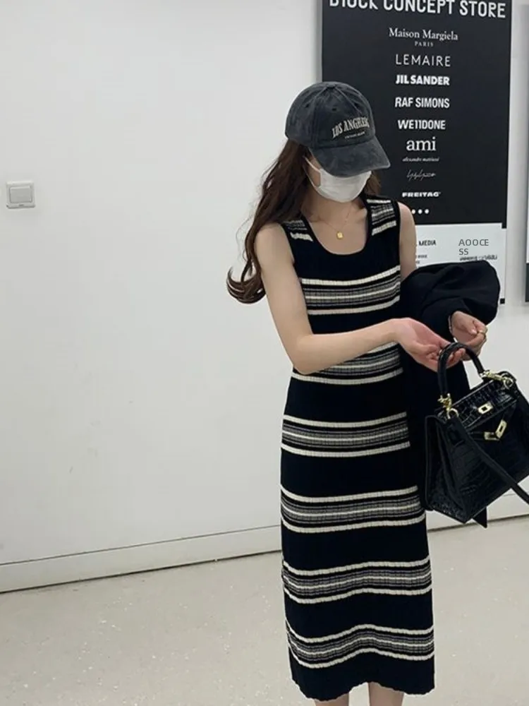 Summer Casual Loose Color Block Design Sleeveless Knitted Black White Stripes Slimming Women's Dress Fashionable All-Match Vest