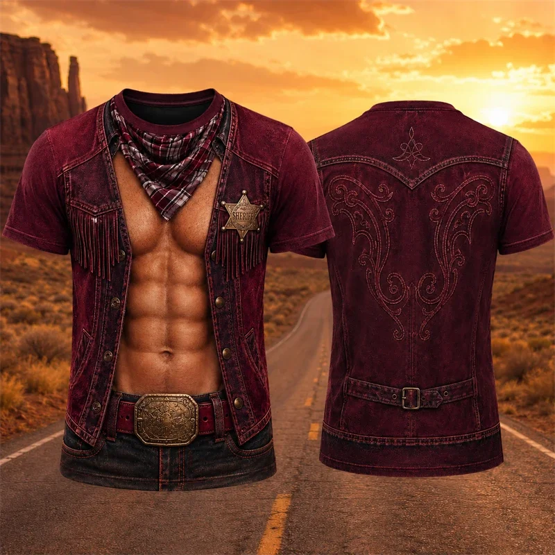 Men's Western Cowboy 3D Print Short Sleeve T-Shirt Vintage Sheriff Badge Fringe Vest Look Retro Country Style Casual Top