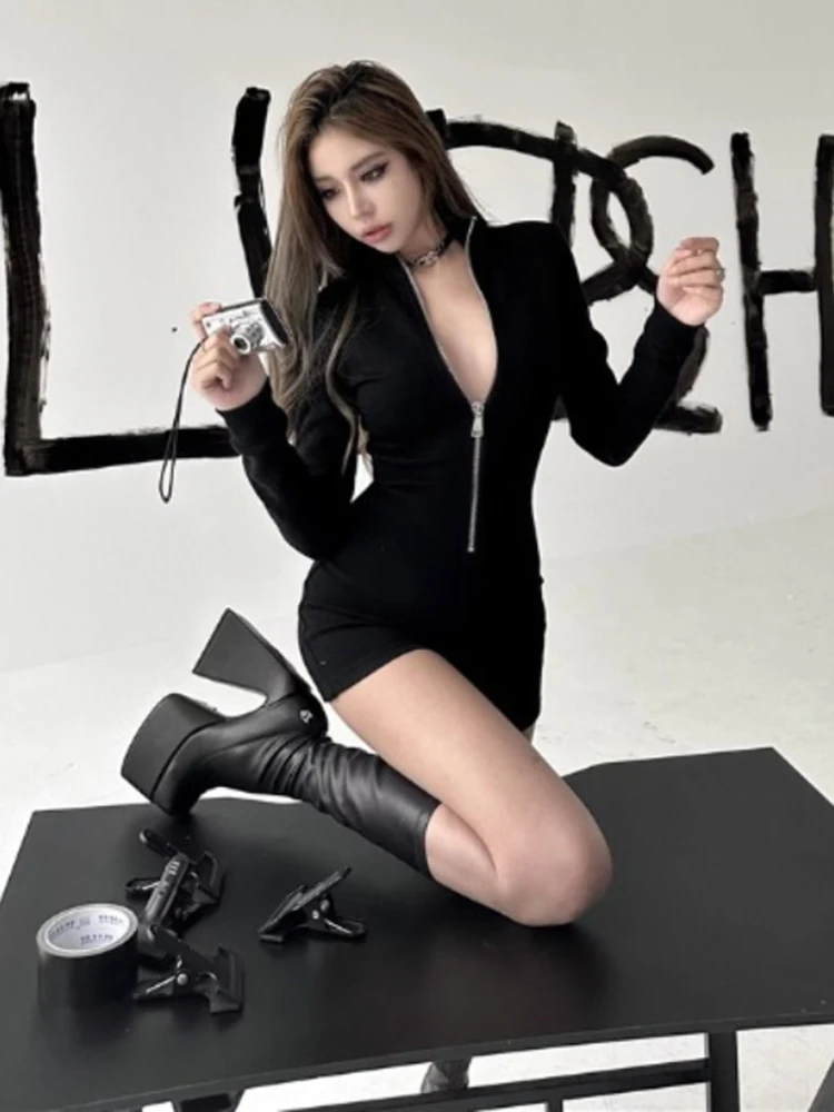 

Облегающая уличная футболка, весенние черные комбинезоны в стиле Харадзюку Y2k, эстетичная облегающая простая женская футболка на молнии с феей