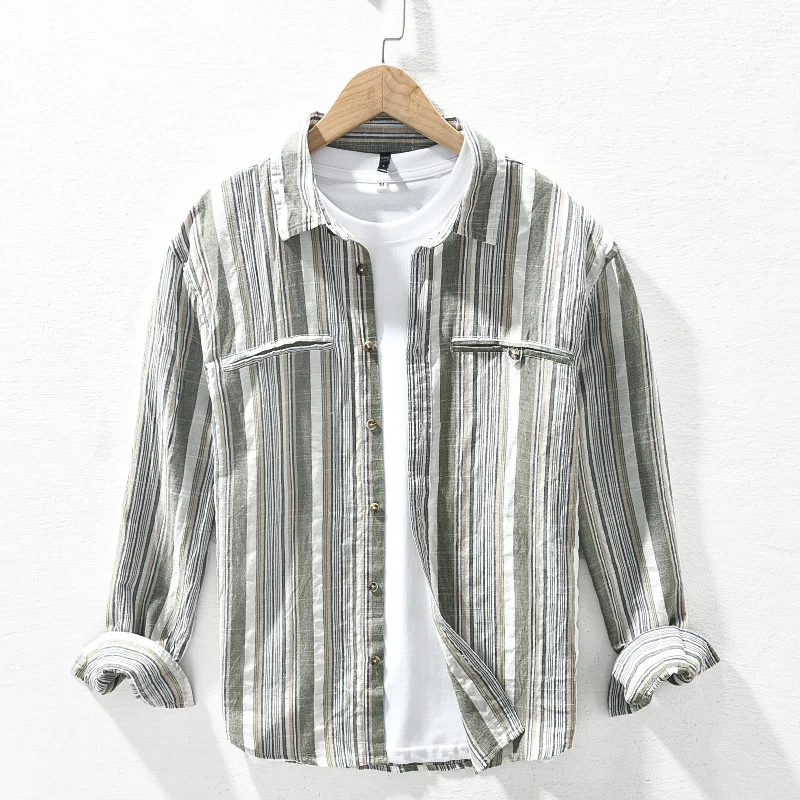 Fashion Laple Collar Long Sleeve Striped Shirt For Men Versatile Comfortable Cotton Linen Hemp Casual Shirt Tops Male Clothes