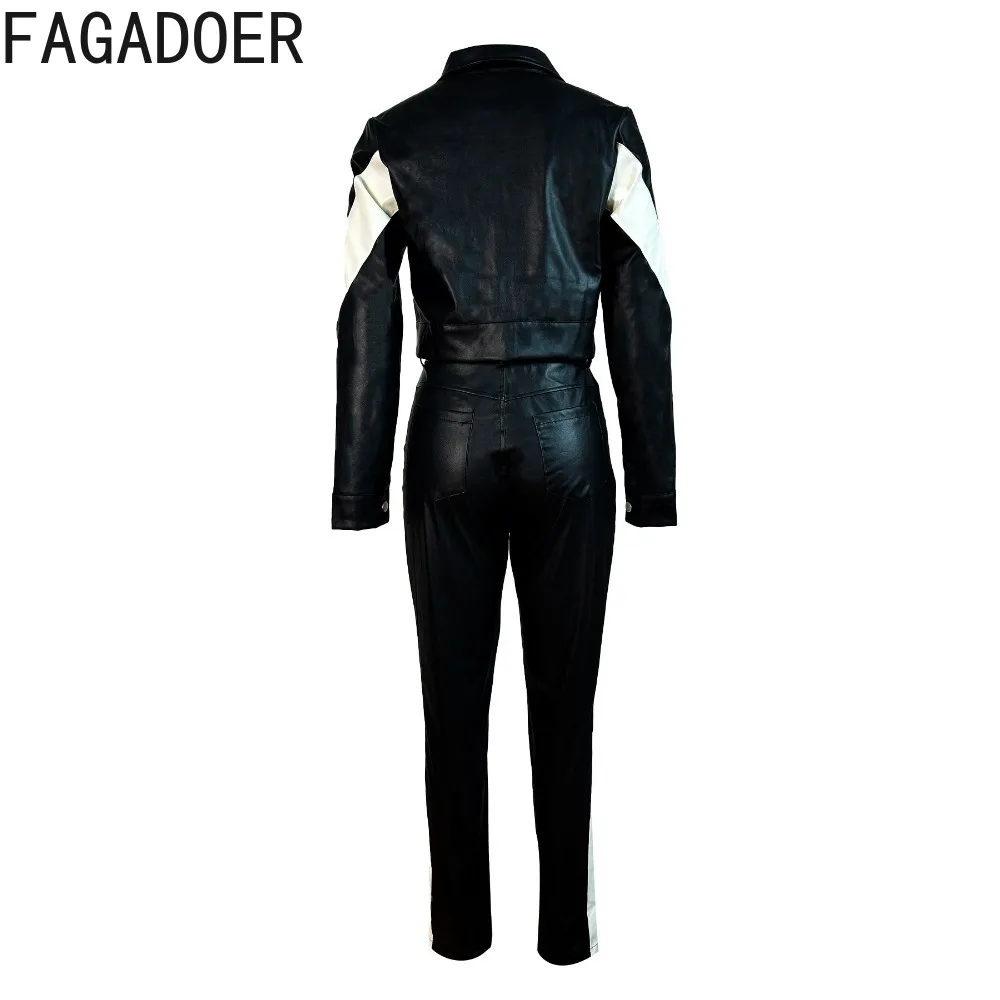 FAGADOER Fashion PU Leather Patchwork Two Piece Sets Women Turndown Collar Long Sleeve Crop Top And Skinny Pants Outfits Clothes