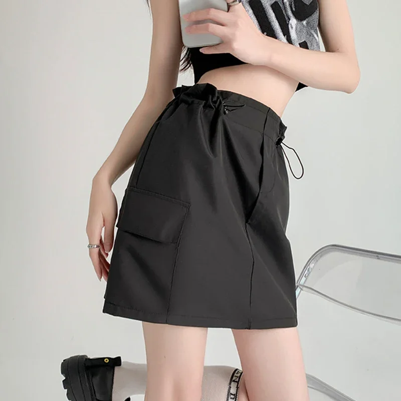 2025 American Retro Cargo Skirt Women Drawstring High Waist A Line Short Skirts Woman 2025 Summer Pocket Streetwear Skirt Female