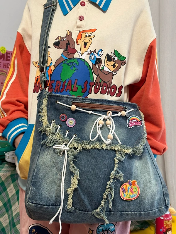 

Original Handmade Versatile Large Capacity Denim Shoulder Crossbody Bags Retro Tote Bags Commuting Bag Student Bag for Women