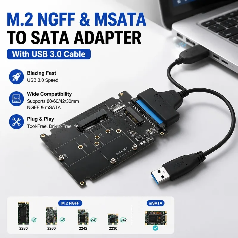 2-in-1 M.2 NGFF MSATA SSD Enclosure USB3.0 To SATA Adapter Cable External Solid State Drive Case Dual Standard Hard Disk