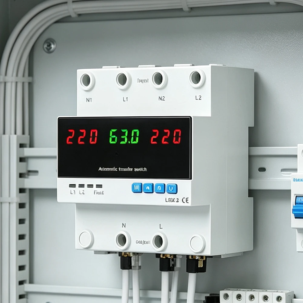 Automatic Dual Phase Switching Protector with Adjustable Start-Up Delay Switch-Over Delay and Real-Time Status Display