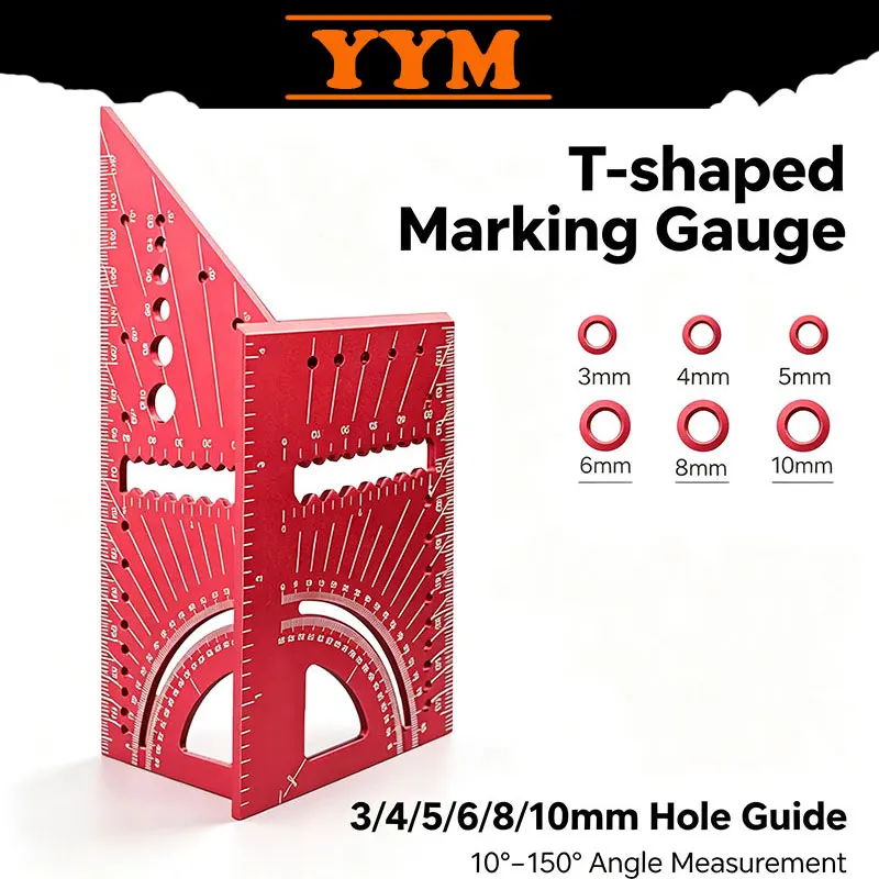 YYM T Square Woodworking Ruler, Aluminum Alloy Carpenter Square, 0-150° Angle Finder, 3-10mm Drill Guide