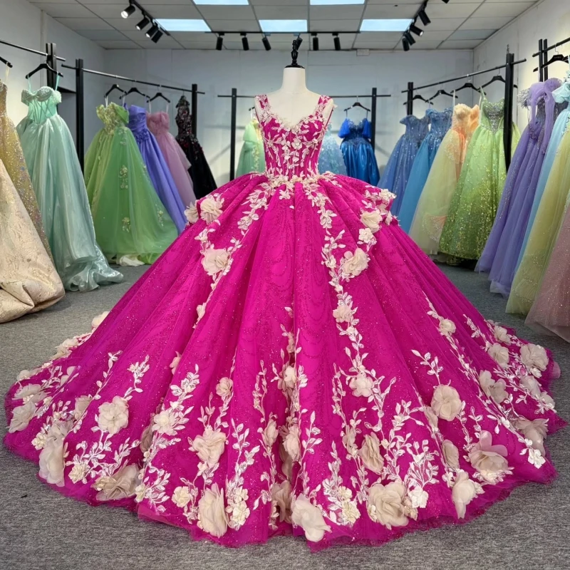 

Rose Red Quinceanera Dresses Ball Gown Off The Shoulder Applique Flower Beads Tull Corset Party Birthday Sweet 16 Dress Vestidos