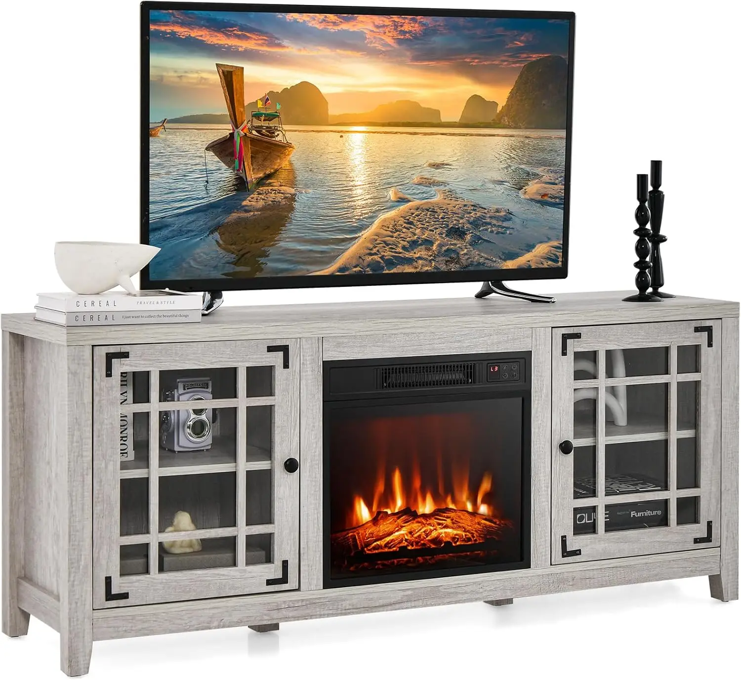 Fireplace TV Stand for 65 Inches TV 58” TV Console with 1400W Electric Fireplace Adjustable Shelves Remote Control Natural