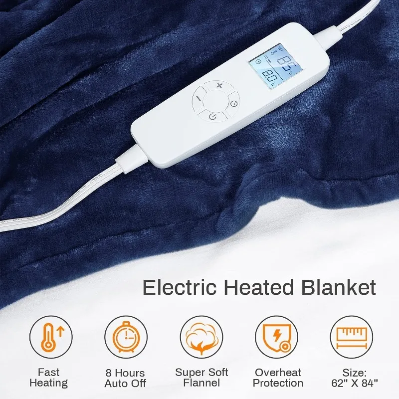 6 Speed Fast Heating and Machine Washable, Warm Soft Flannel Bed Sofa Blanket, 8 Hours Automatic Turn Off Overheating Protection