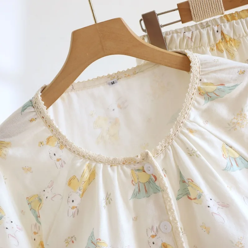 طقم بيجامة نسائي جديد لربيع وخريف 2025 100% قطن شاش مع حصيرة صدر بيجامة بأكمام طويلة ملابس منزلية طقم مكون من قطعتين #3