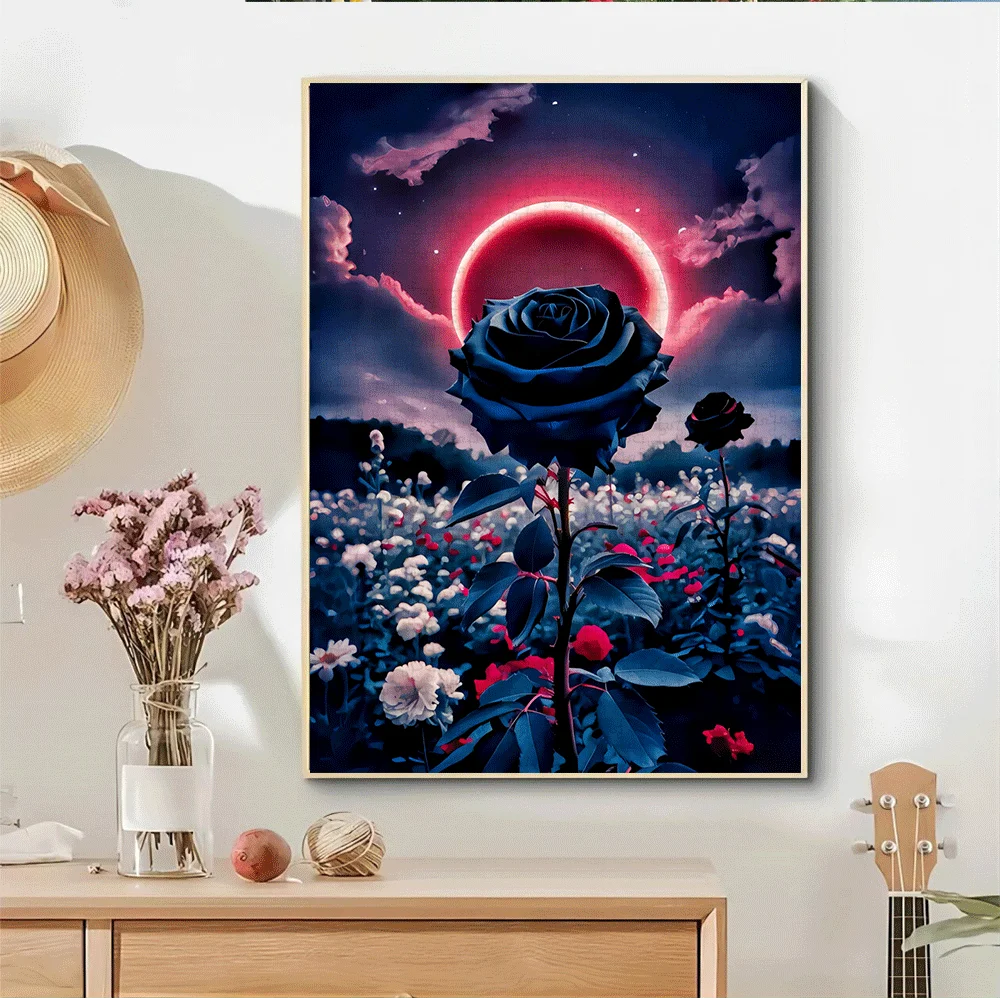 จิ๊กซอว์ 1000 ชิ้น - ท้องฟ้ายามค่ำคืนกุหลาบดำและพระจันทร์สีเลือด, ของเล่นจิ๊กซอว์กระดาษขนาดใหญ่สำหรับผู้ใหญ่, เกมเสริมสร้างความสัมพันธ์ในครอบครัว, เกมฝึกสมอง