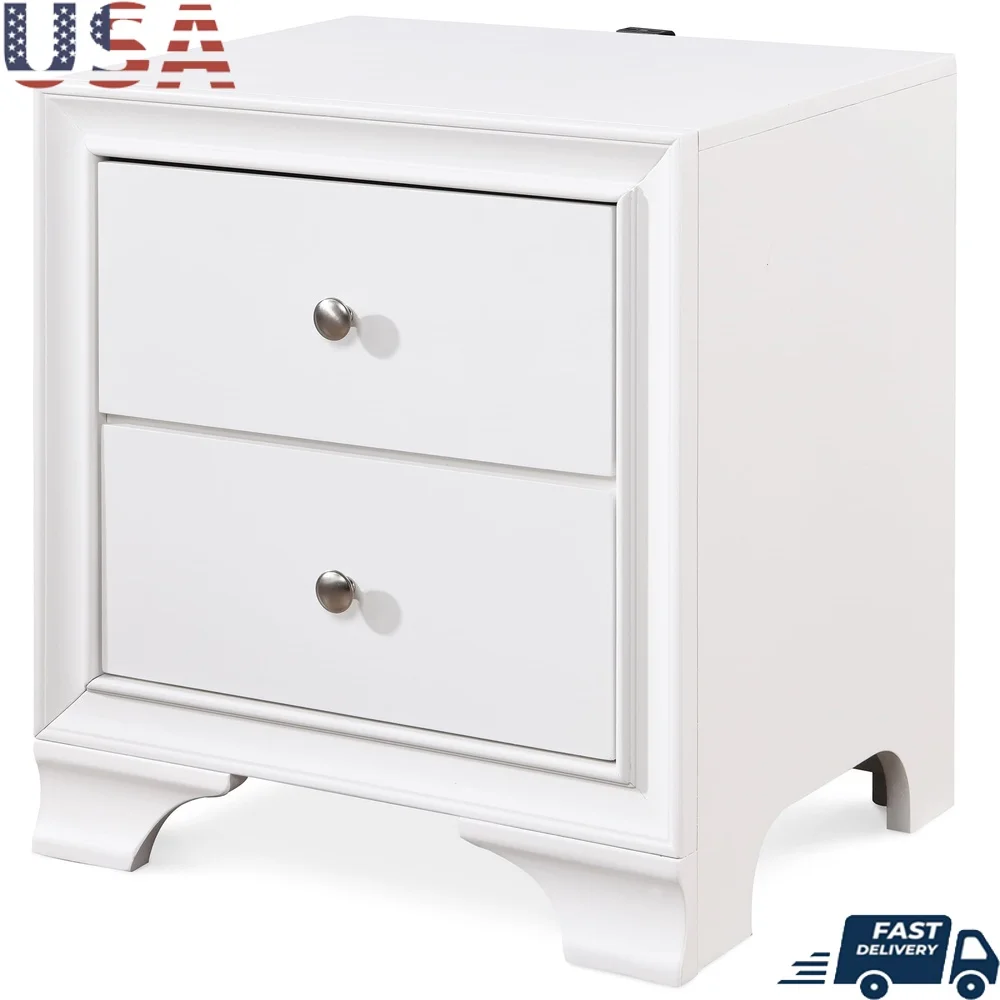 

Compact Nightstand with 2 Drawers USB Charging Station Fully Assembled Storage Table Bedroom Guest Room White Wood