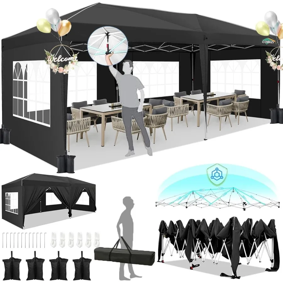 

10x20 Pop Up Canopy with 6 Sidewalls and OnePush Setup for Outdoor Events: Waterproof Shade Tent with 8 Windbreak Poles Ideal f