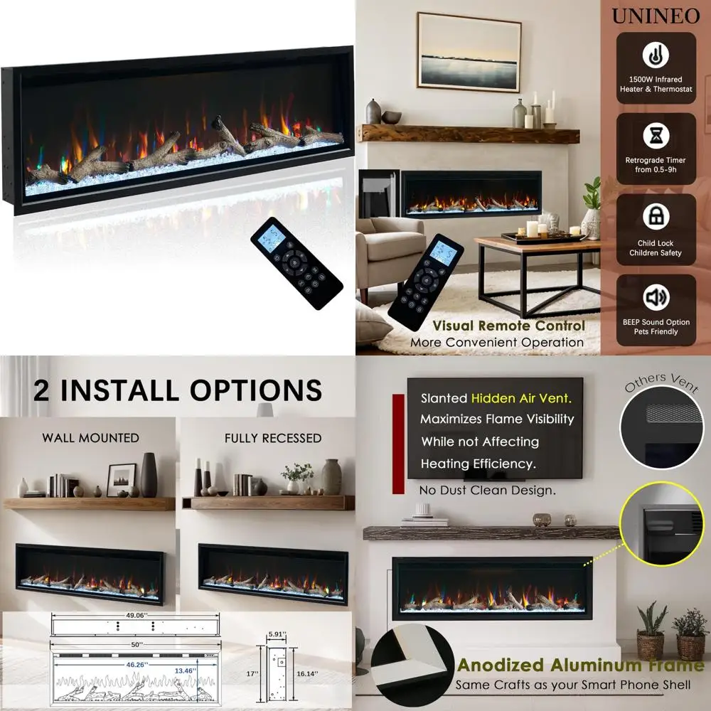 

50 Inch Wall-Mounted Electric Fireplace with Aluminum Frame, Hidden Air Vents, and Thermostat