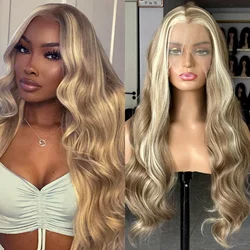 Brown Wig with Ash Blonde Highlights Synthetic Hair Long Wavy Loose Body Wave Streaks Money Piece 13X4 Frontal Wigs for Women