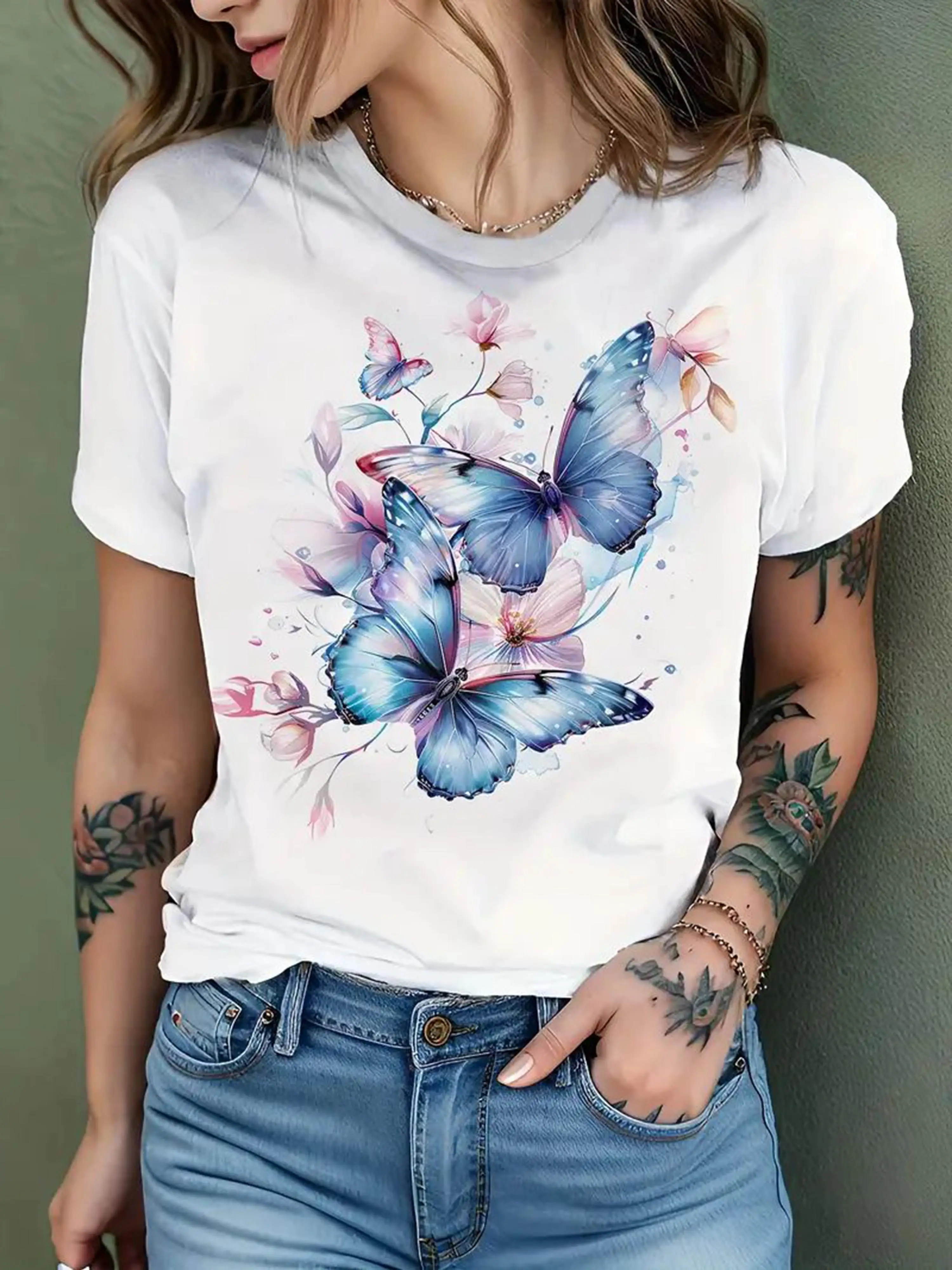 Camiseta 100% con estampado geométrico de mariposas y flores para mujer, top informal de manga corta con cuello redondo suave, lavable a máquina para todas las estaciones