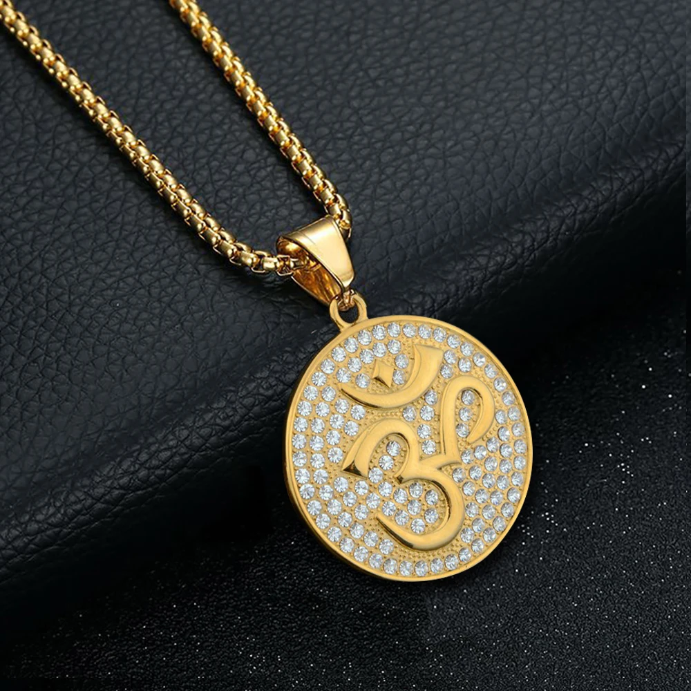 Hip Hop Iced Out Bling Buddhistischer Yoga Anhänger Goldfarbe Edelstahl OHM Hindu AUM OM Runde Halsketten für Männer Schmuck Geschenk