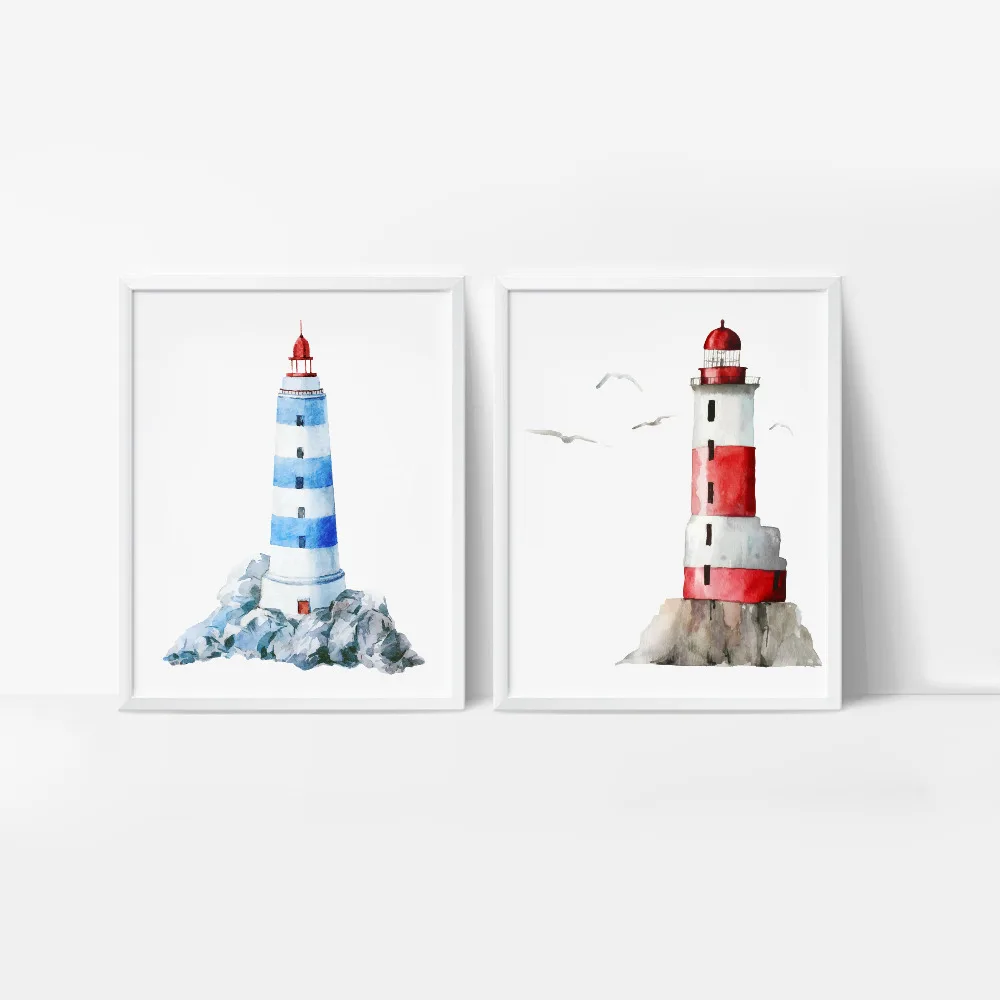 (2D Canvas Painting)  Watercolor Lighthouse Print And Poster , Cartoon Hand Drawn Lighthouse Wall Art Canvas Painting Picture