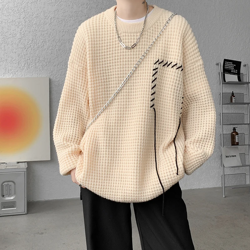 

Мужской вязаный свитер Lazy Sle: модный, свободный крой, для подростков, осенне-зимний, теплый, из мягкого хлопка, с длинными рукавами, круглым вырезом, вафельным узором.