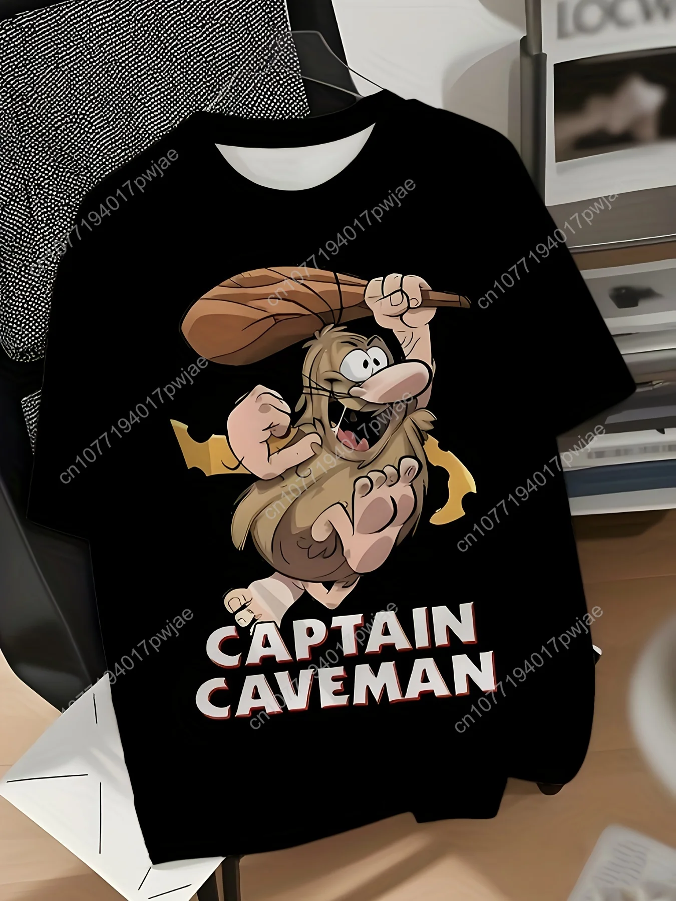 Camiseta masculina plus size engraçada capitão caveman retrô desenho animado camiseta preta casual manga curta gola redonda, lavável à máquina