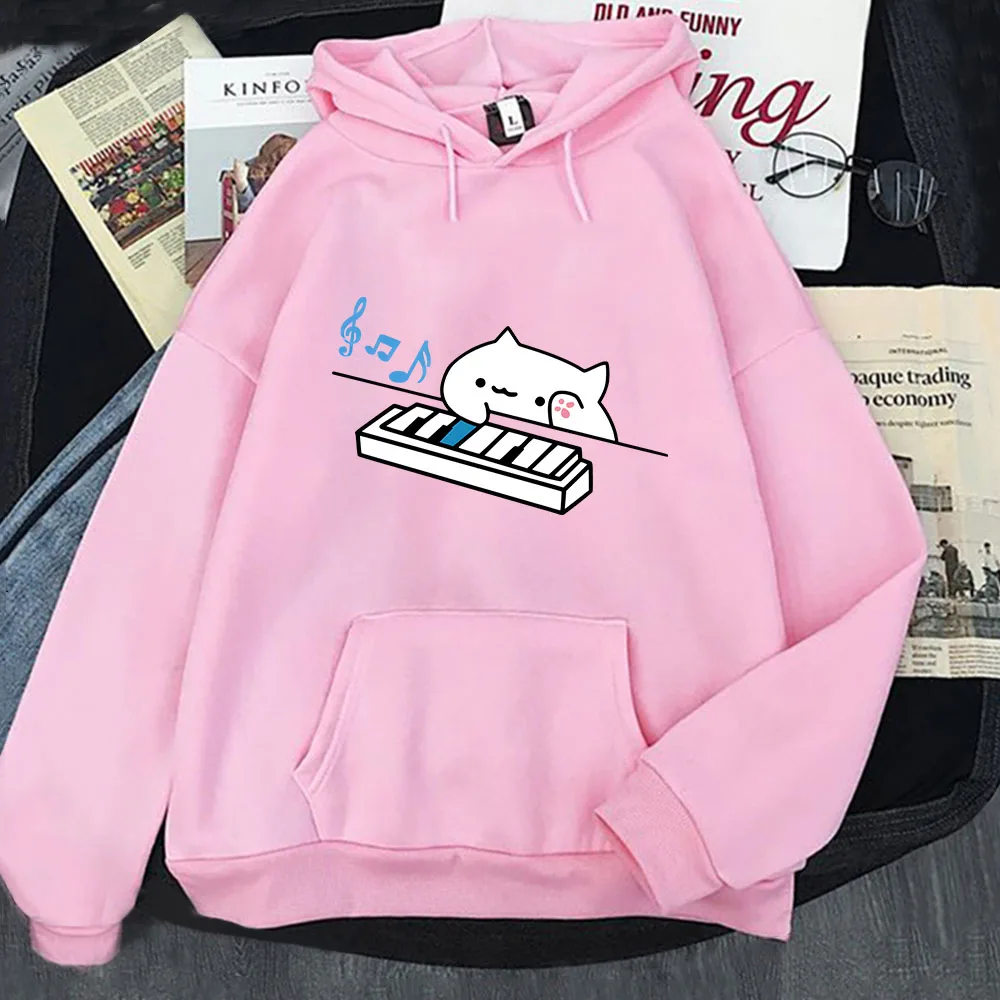 بونغو القط هوديس يلعب البيانو Kawaii الجرافيك بلوزات للنساء الملابس الإناث الرجال عادية Y2k ملابس طويلة الأكمام البلوز