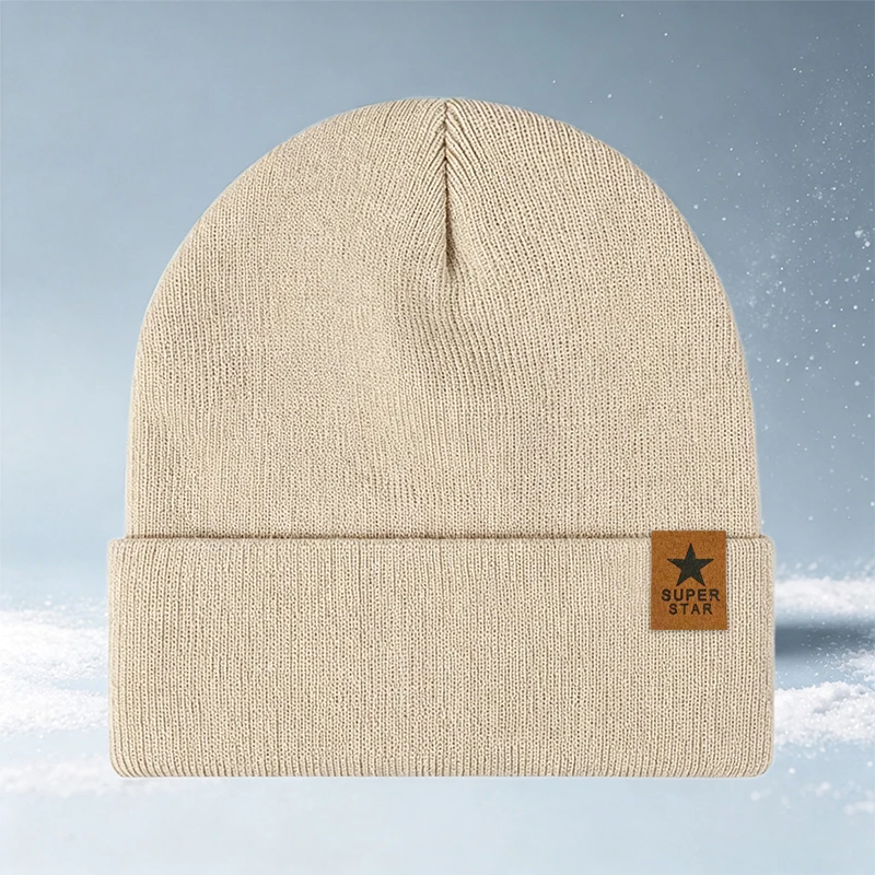 1pc Star Leather Patch Ribbed Knit Beanie for Men, Elastic Fold Cuff Casual Skull Hat, Multiple Solid Color Daily Knit Cap