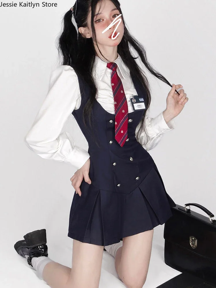 Autumn Japanese Kawaii School Uniform Women Korean Cute College Student JK Uniform Vintage White Shirt and Strap Dress Sets 2023