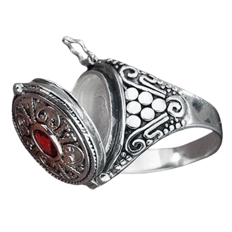 Alloy Gawu Box Ring with Secret Compartment for Jewelry and Herbs Adjustable Size Openable Finger Ring Ethnic Accessory