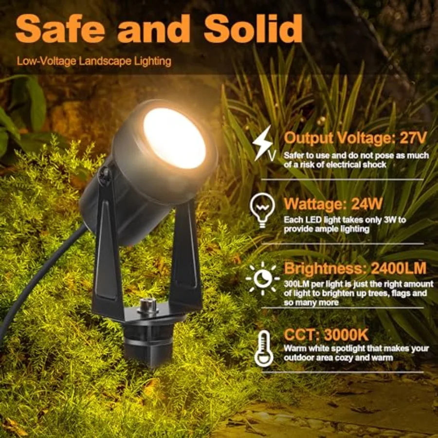 85.3FT LED Outdoor Landscape Spot Light Low Voltage, 24W Wired Uplight with Transformer, IP65 Waterproof Outside Plug-in lighti