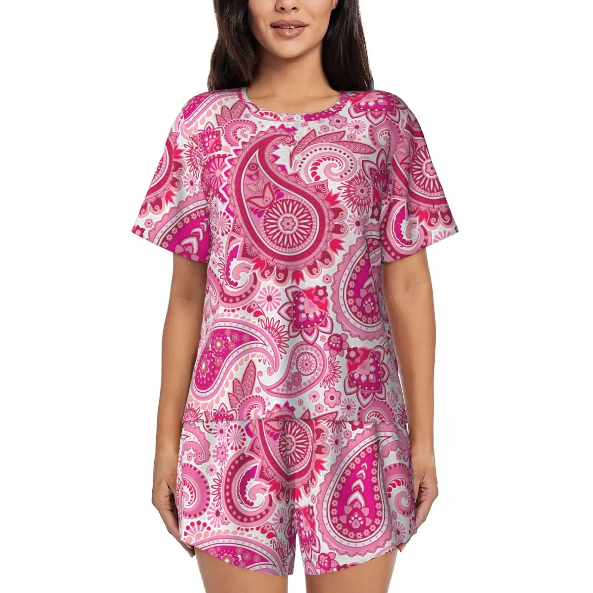 

Этнический богемный стиль, пижамный комплект с узором пейсли и банданой для женщин, одежда для сна с короткими рукавами, домашняя одежда, пижамы из 2 предметов