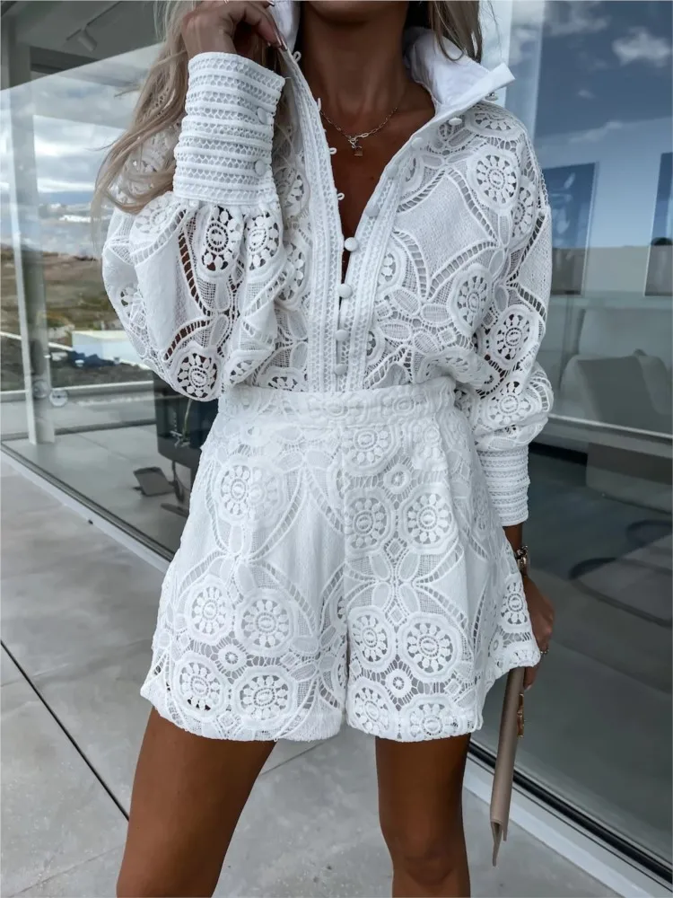 Vintage White Lace Shirt Shorts Sets Women Spring Summer Long Sleeve Button Top Shorts 2-częściowy zestaw Eleganckie stroje imprezowe Femme