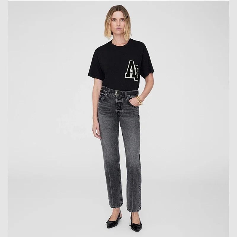 

2025 Черная женская футболка AB с короткими рукавами, рукоятка, специальное полотенце с вышивкой в виде ржавчины, новая футболка с северным дизайном