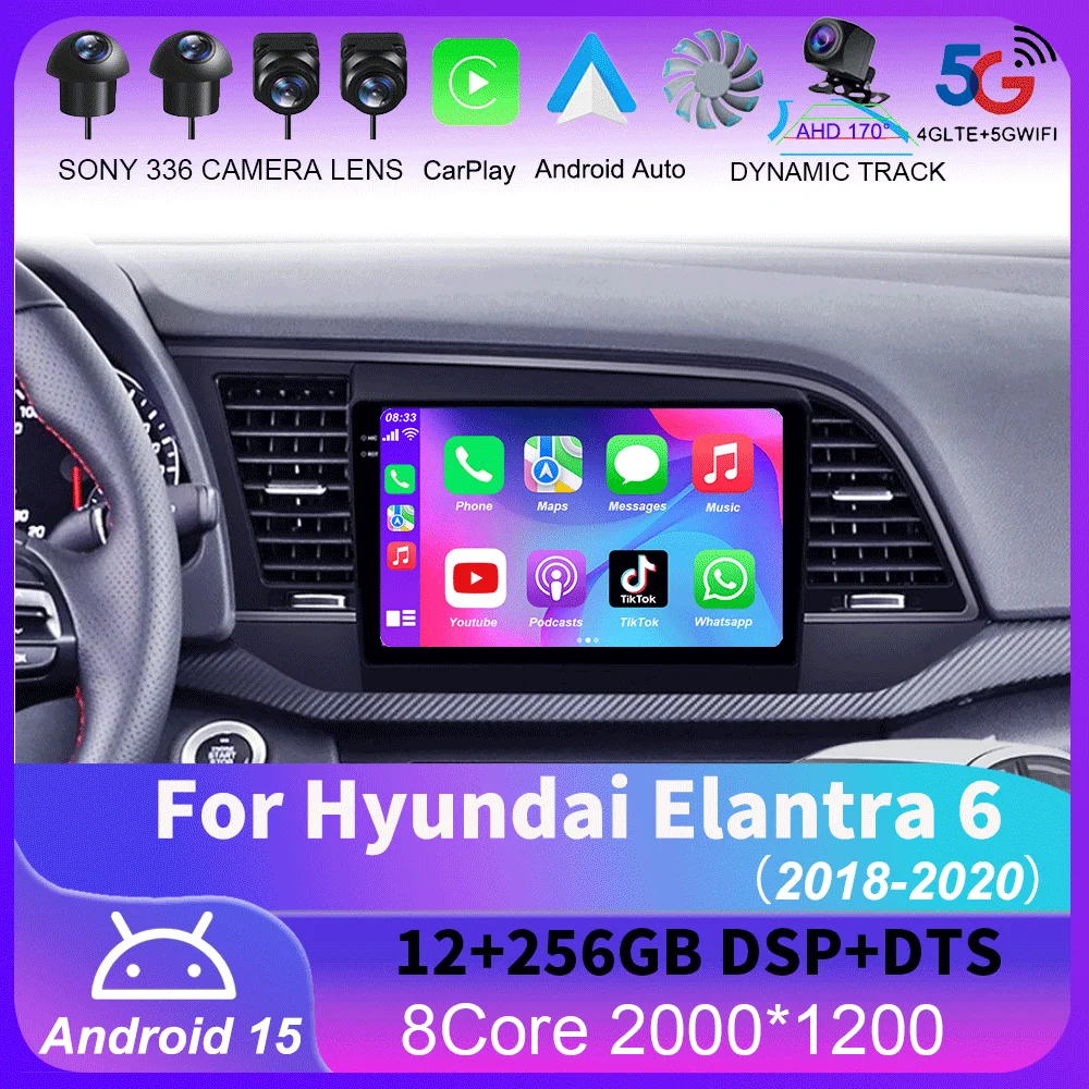 

Android 15 Carplay Car Radio For Hyundai Elantra 6 2018 2019 2020 Navigation GPS Multimedia Player stereo WiF+4G BT 360 Camera