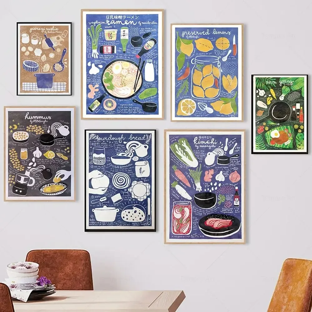 Póster de cocina para decoración de pared, Ramen, Kimchi, limones preservados, Hummus, pan de masa, Pierogi, ruskkie, Nasi, Goreng, ilustración de comida