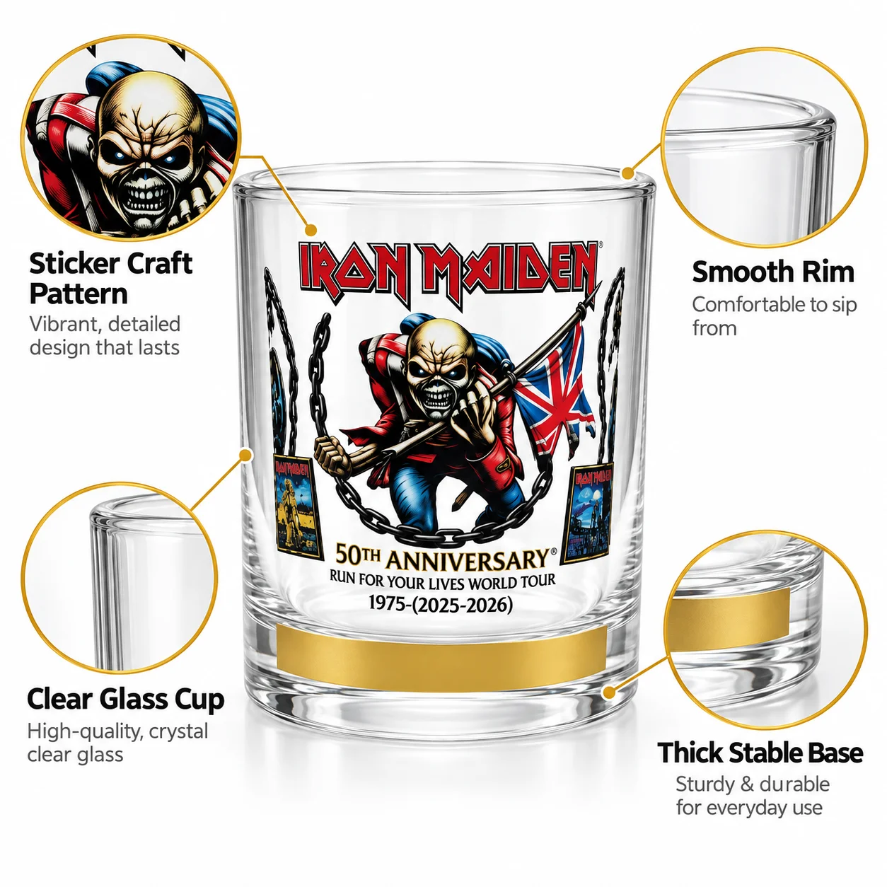 Iron Maiden Whiskey Glass 50th Anniversary Run for Your Lives Rock Music Bourbon Scotch Tumbler Collectible Cup