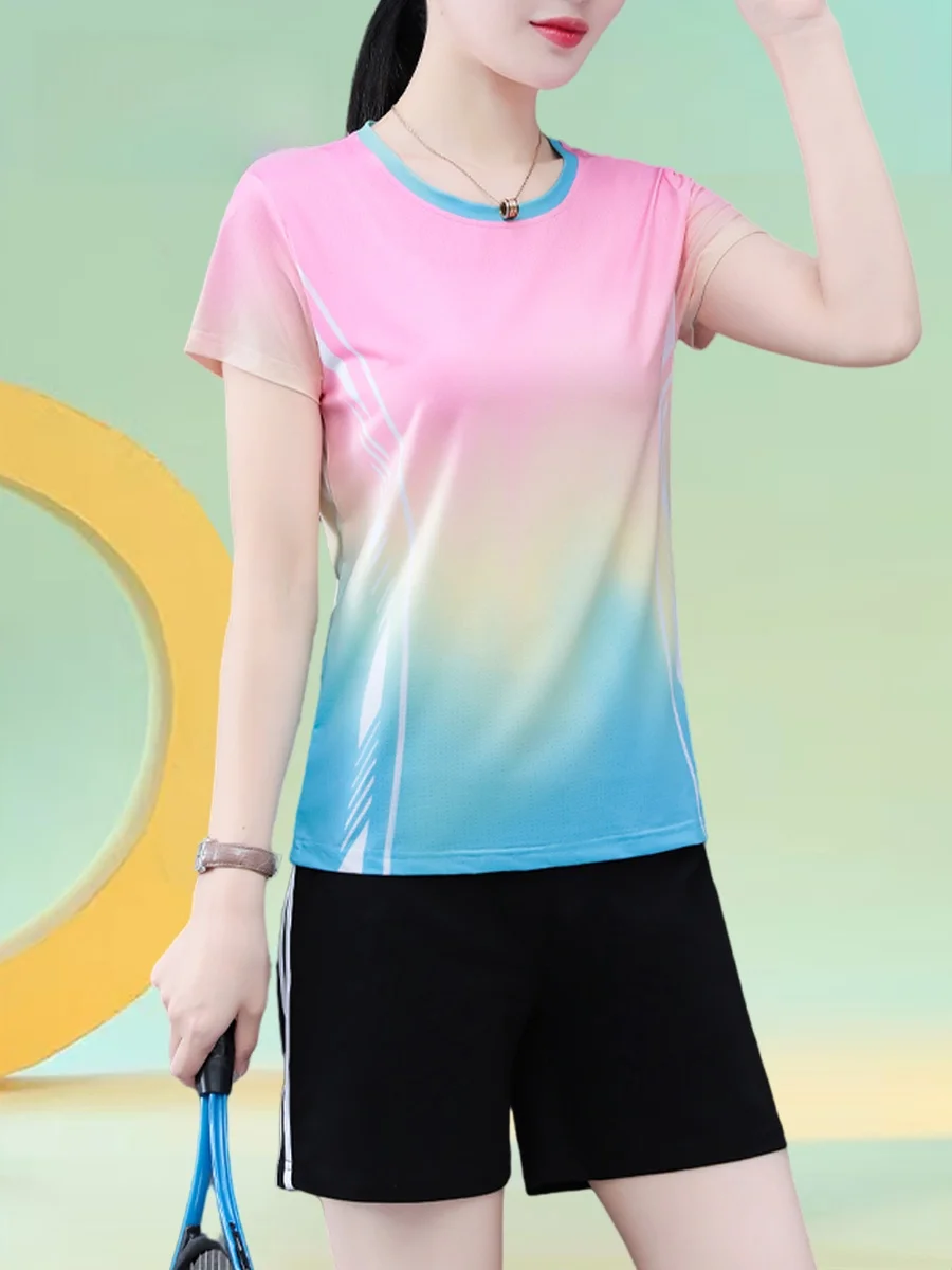 

TUCANO Qui Dry Ice Silk Thin ort Sve Sportswear Fitn Running Suit Women's Summer New Sle Two Piece Set round Ne